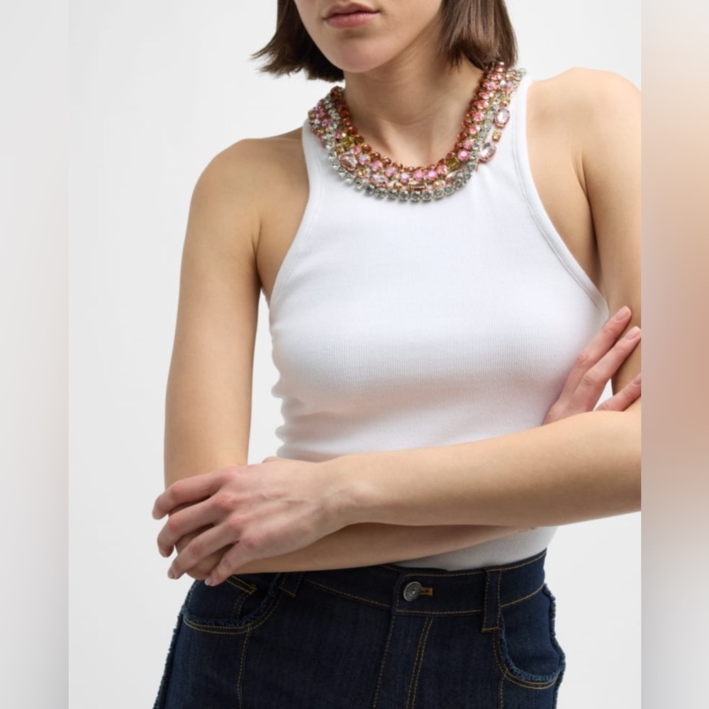 Cinq a Sept Lizzie Chunky Rhinestone Necklace Tank Top. Size:Small